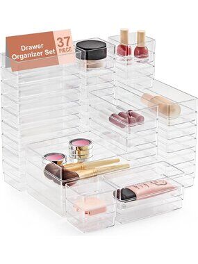 37 PCS Clear Drawer Organizer Set - 4 Sizes for Desk, Makeup & Home Storage